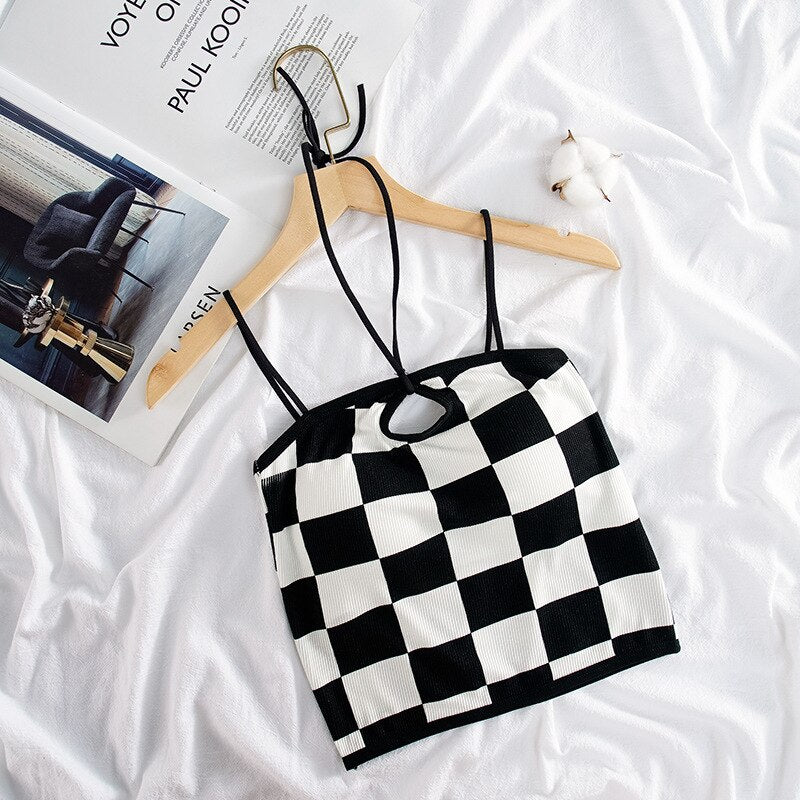 jinran Retro Checkerboard Crop Top Women Y2K Gyaru Sexy Halter Top Summer Fashion Fixed Cup Camisole Smooth Breathable Tank Top