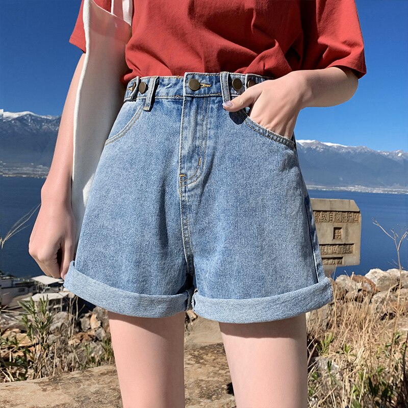 jinran New Summer Women High Waist Wide Leg Denim Shorts Casual Female Loose Fit Streetwear Solid Color Straight Jeans Shorts