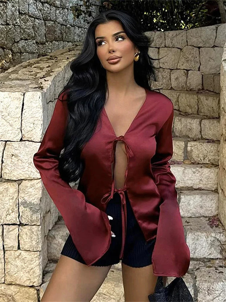 nvxiot - Satin Hollow Out Lace-Up Cardigan Top For Women V-Neck Solid Patchwork Cropped Shirts Casual Autumn Bandage Y2k Top Tee