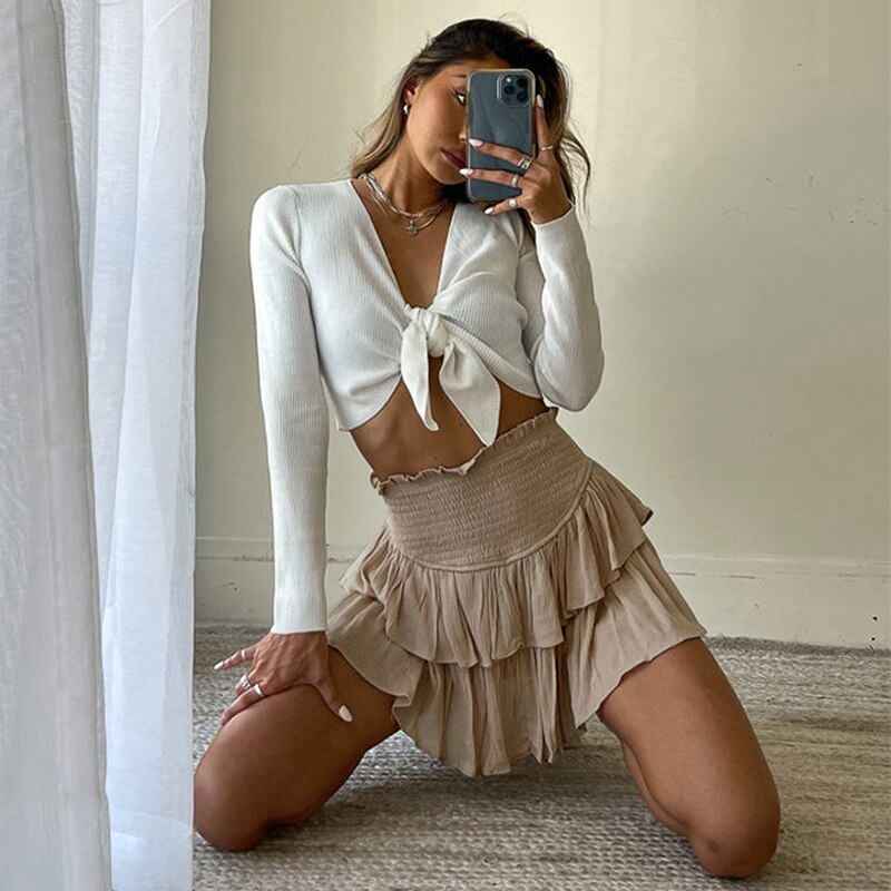 jinran Women Summer White Ruffle Tiered Mini Skirt Beach Cute Fashion Elastic Waist Rose Red Faldas Mujer Black Bottom