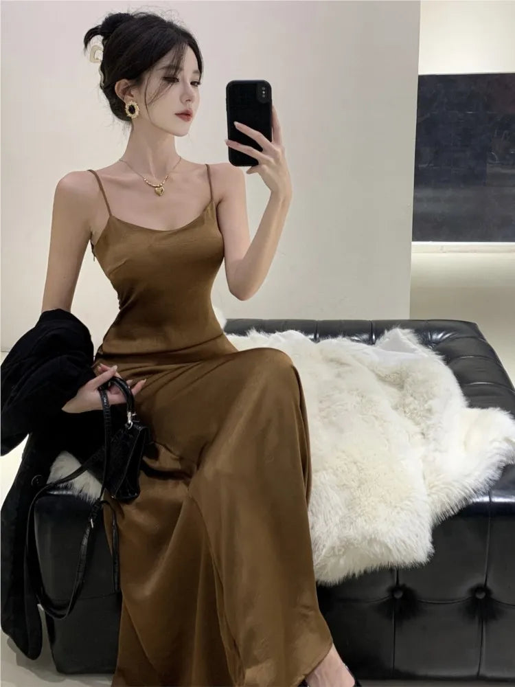 jinran French Vintage Evening Party Dress Spaghetti Strap Long Dresses for Women Summer New Backless Slim Prom Robe Maxi Vestidos Mujer