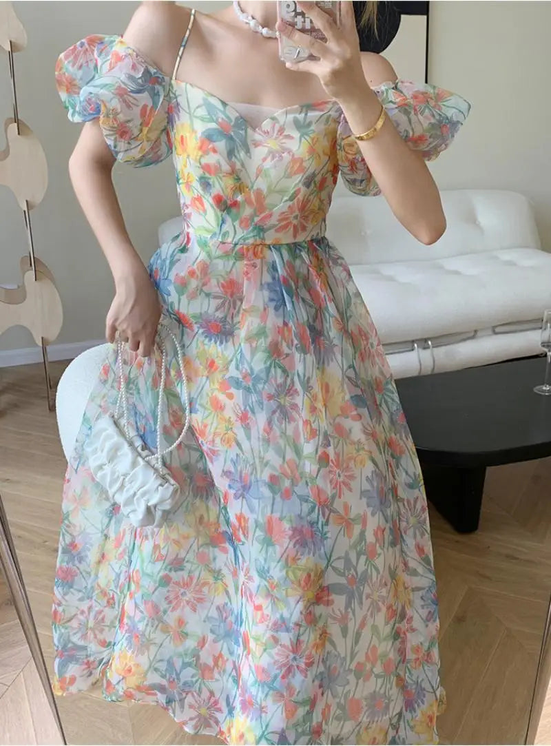 jinran Women's French First Love Puff Sleeves Floral Long Dress Summer Dresses Cool and Breathable Bare Shoulder Korean Fashion 2024