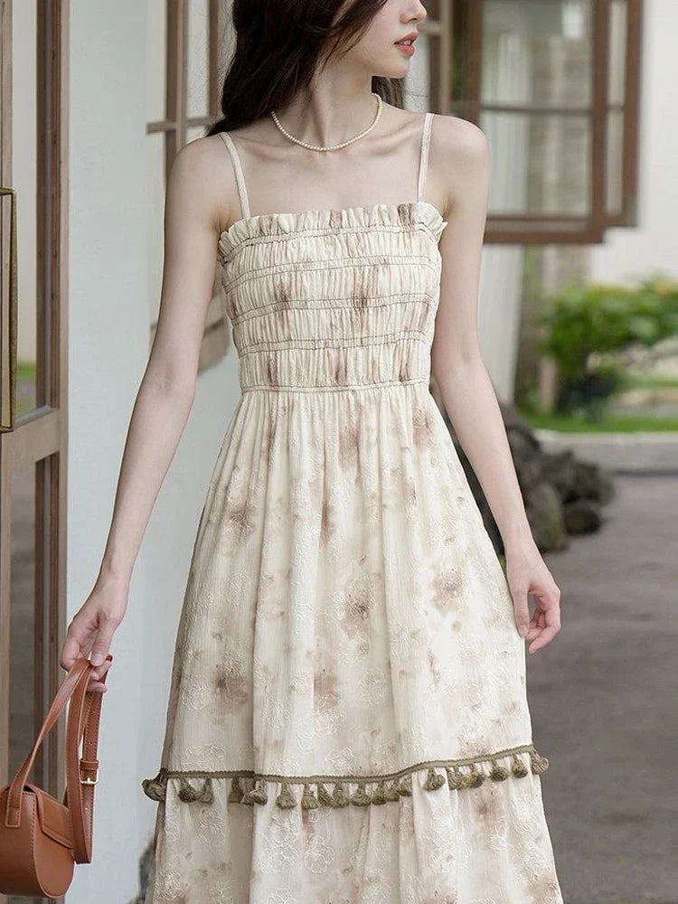 jinran 2024 Autumn Vintage Elegant Slip Dress Women Casual Fashion Korean Style Floral Dress Female Beach Evening Party Vacation Dress