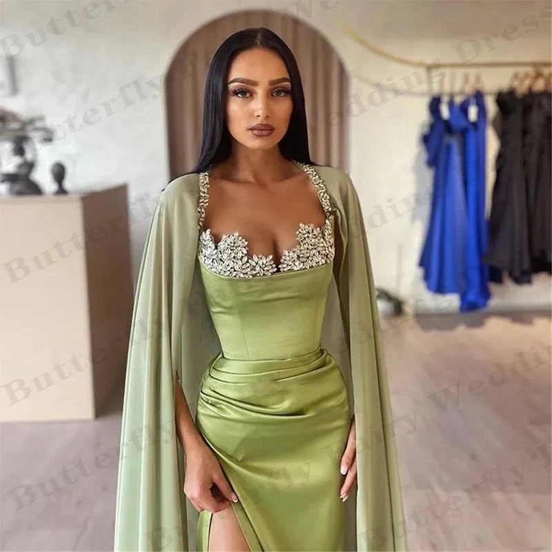 jinran Gorgeous Satin Evening Dresses Exquisite Beading Party A-Line Sweetheart Square Collar High Split Fashion Mopping Prom Gown 2024