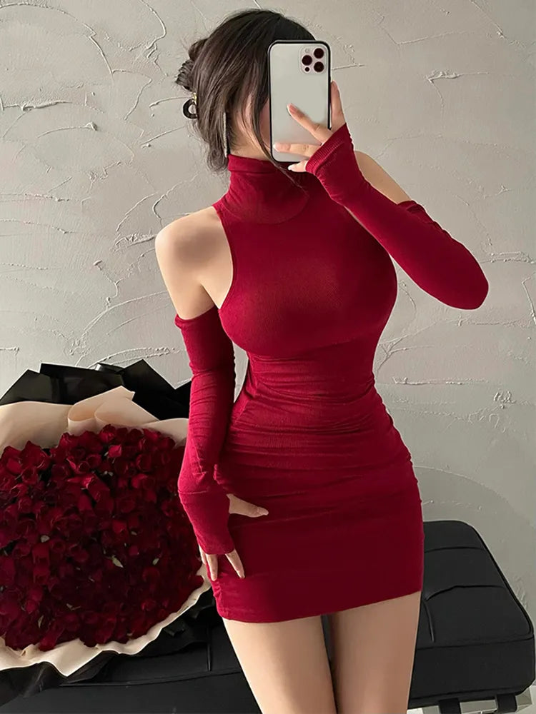 jinran 2024 New Women's Mini Dress Sleeveless Pleated Skinny Dress High Neck Lace Up Autumn Black Tight Elastic Party Tank Dresses