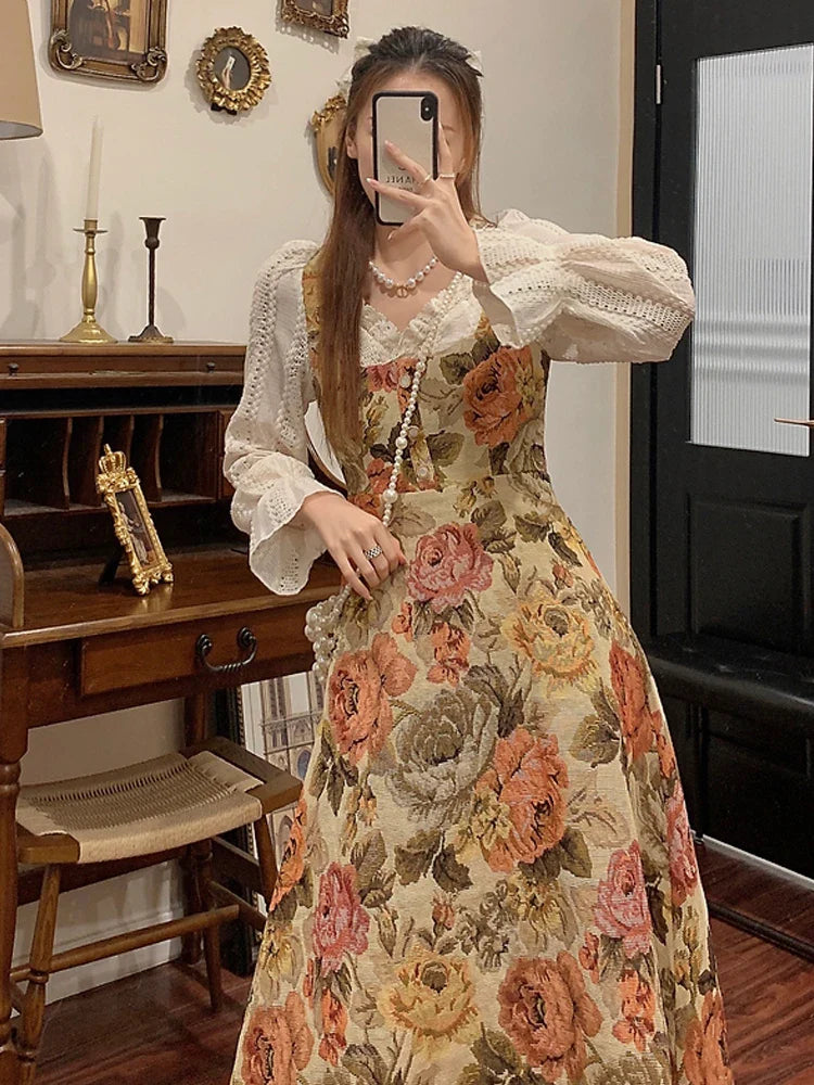 jinran Print Retro Elegant Fairy Dress Women Lace Korean Style Evening Party Midi Dress French Vintage Floral Dress Female 2024Summer