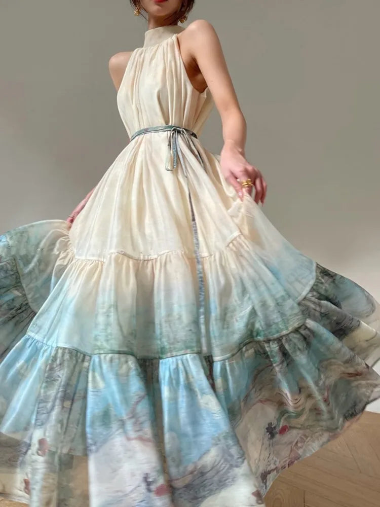 jinran New Chinese Style Print Long Dresses for Women Summer Sleeveless Halter Loose A-line Evening Party Dress Prom Robe Vestidos