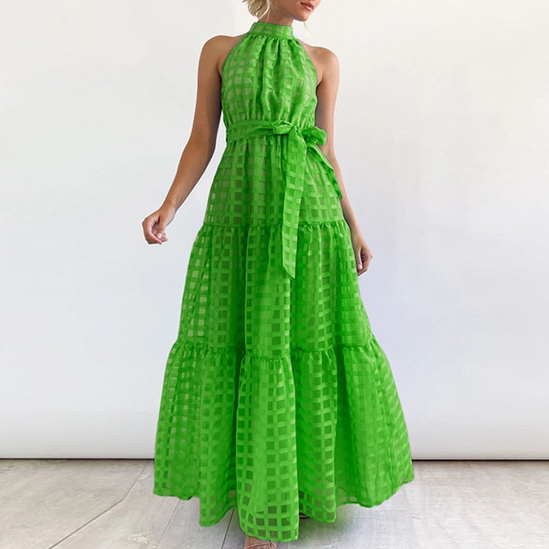 jinran Women Elegant Loose Pleated Long Party Dress Ladies Summer Sexy Sleevelss Dress Fashion High Street Cascading Ruffle Maxi Dress
