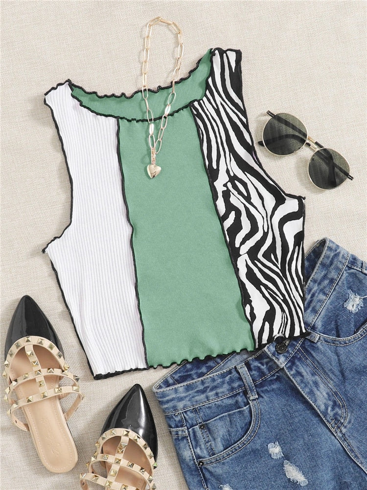 jinran Zebra Stripe Graphic Patchwork Rib Knit Ruched Crop Vest Women Y2K Clothes Summer Harajuku Sleeveless Tank Tops Streetwear