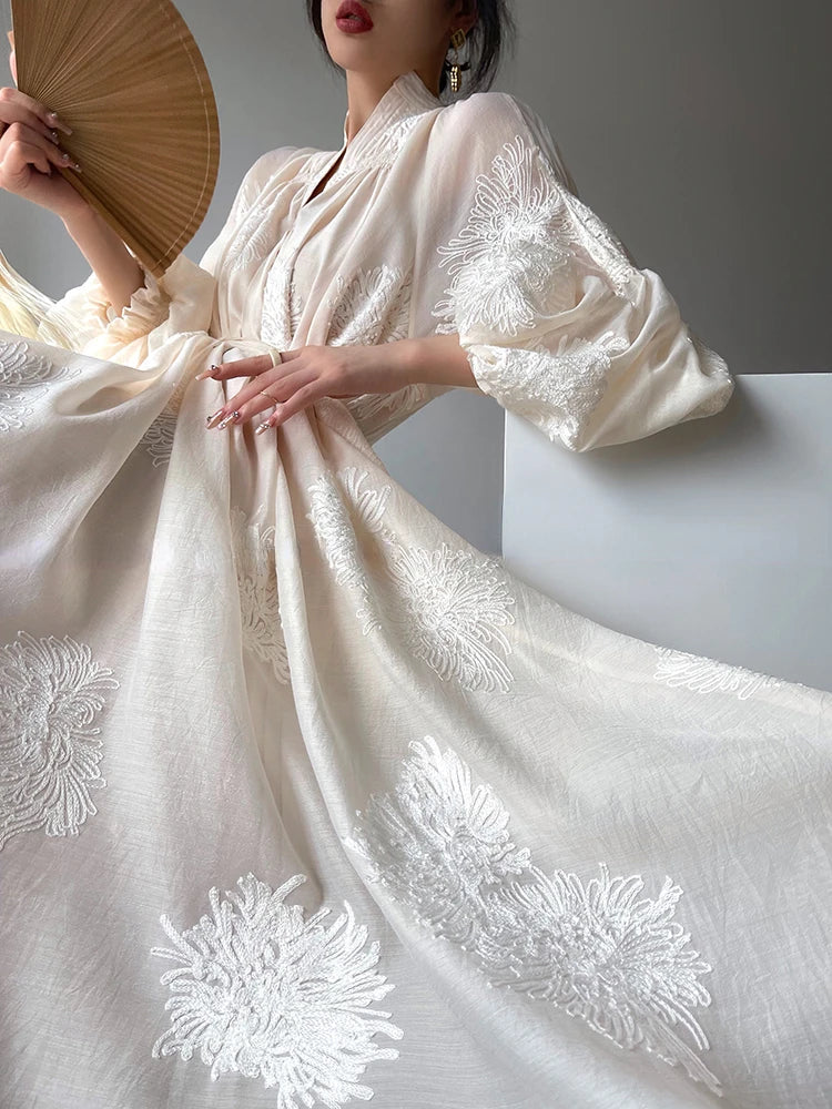jinran Elegant Vintage Embroidery Dress Women Casual Korean Party Midi Dress Female 2024 Spring Lantern Sleeve Beach Style Floral Dress