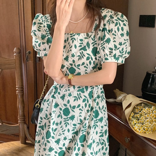 jinran Short Sleeve Dresses Women Elegant Girlish Green Summer Korean Fashion Bandage Prairie Chic Vestido Feminino Cozy Teens Kawaii