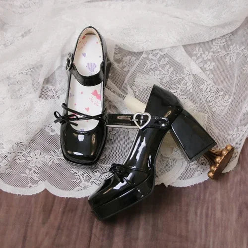 jinran Lolita French Style Square Head Leather Heels Elegant Ladies All-Match Mary Jane Thick High Heel Shoes Women's Pumps Shoes 2024