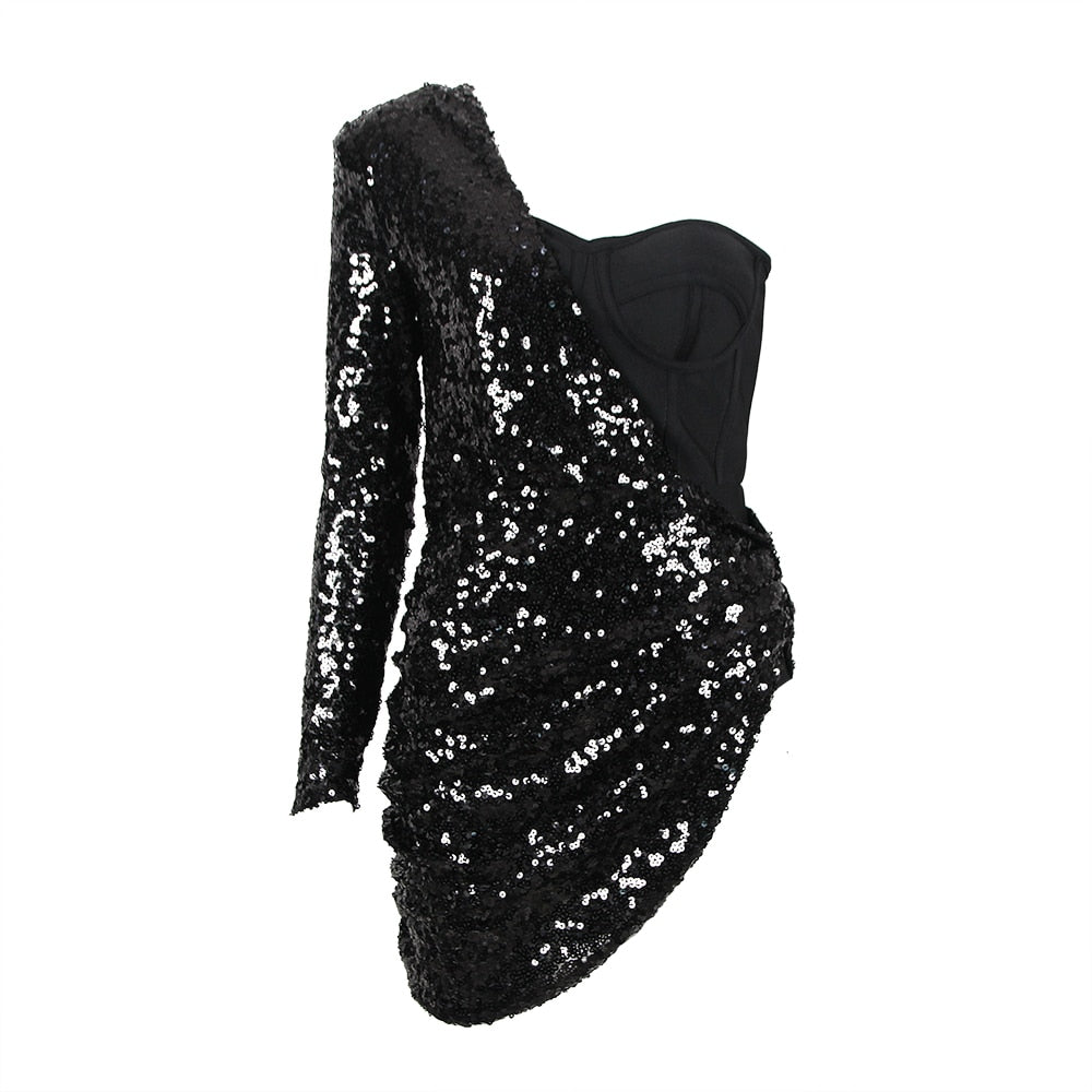 jinran Women Bandages Dress Sexy Sequins One Shoulder Patchwork Clothes New Celebrity Party Club Mini Dresses