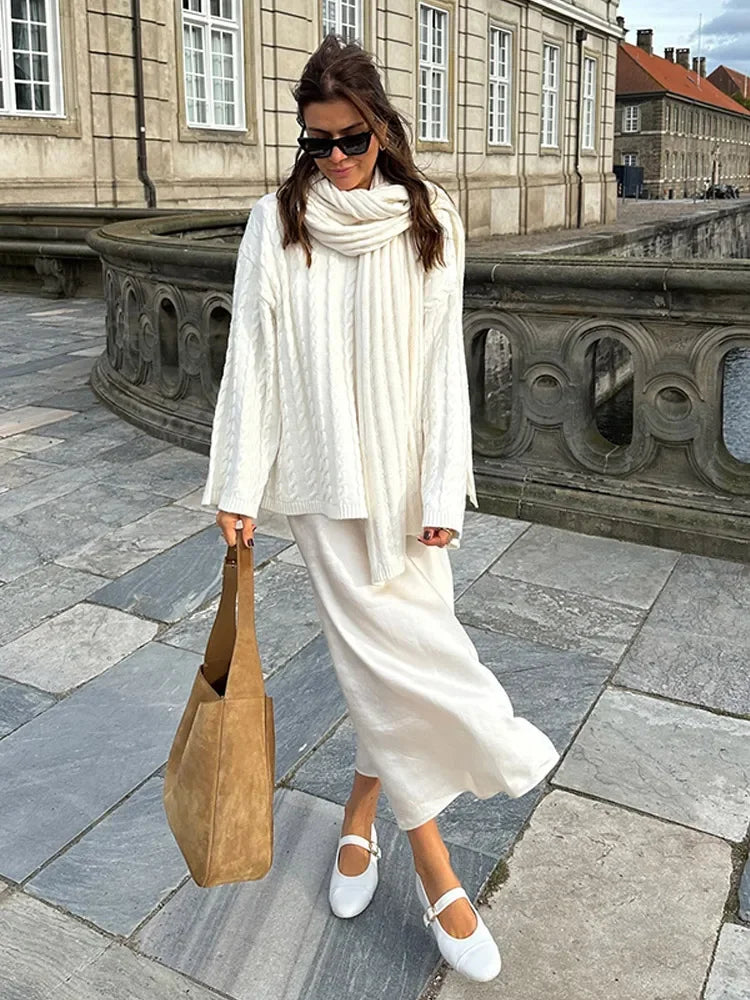 nvxiot - Autumn Solid Pleated Scarf Twisted Knitted Sweater Women Chic Long Flare Sleeve O-neck Knit Pullover 2024 Lady Streetwear