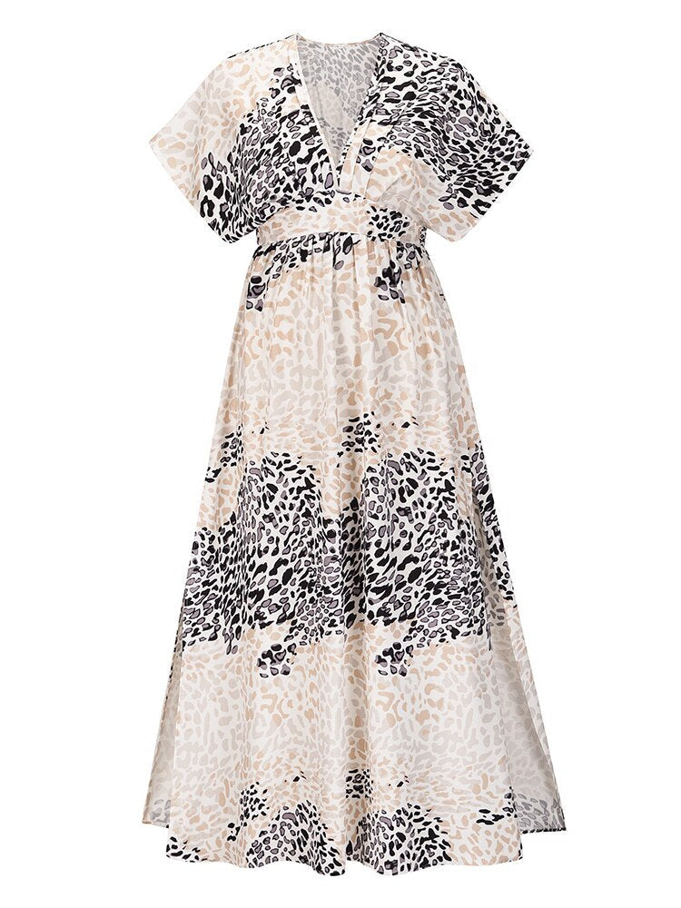 jinran Summer Split Dress Female Bat Sleeve V-neck Printed Large Swing Skirt Bohemian Beach Skirt Dress for Women Robe Dresses Women
