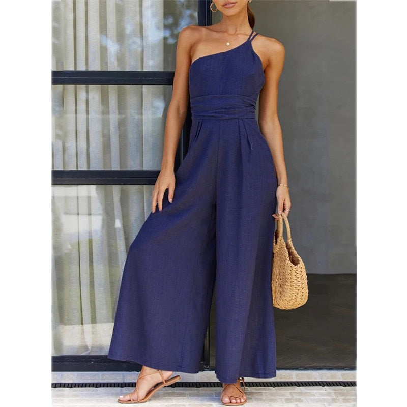 jinran Waist Folds Backless Double Strap Casual Wide Leg Jumpsuit Long Pants Green New Female Loose Jumpsuit