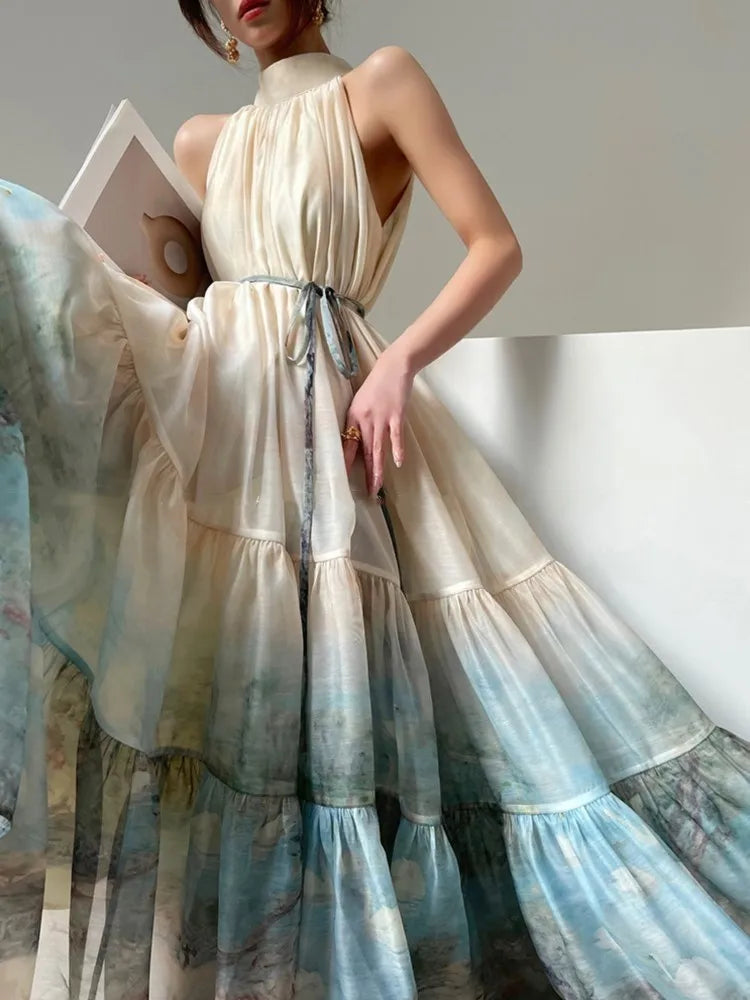 jinran New Chinese Style Print Long Dresses for Women Summer Sleeveless Halter Loose A-line Evening Party Dress Prom Robe Vestidos