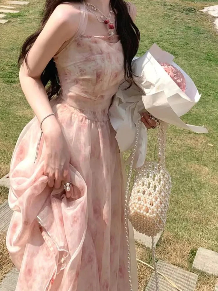 jinran Y2K Elegant Print Halter Dresses for Women Sweet Pink Casual Print Chiffon Sleeveless Party Dress Fairy Princess Vestido Mujer