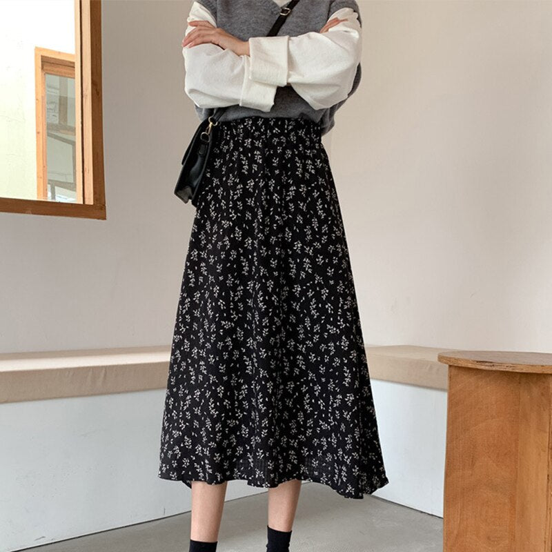 jinran Summer New Floral Print A Line Pleated Women Long Skirts 2022 Korean Fashion Elastic Waist Sweet Retro Midi Skirt Streetwear