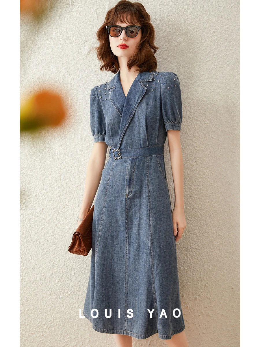 jinran Women Denim Dress 2024 Summer Dress Turn Down Collar Puff Short Sleeve with Belt Knee Length Long Washed Denim Dress