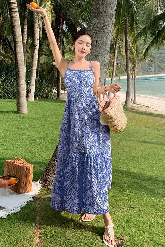 jinran Fashion Women Summer Embroidery Cotton Midi Long Dress Beach Straps Sundress Hollow Out Sexy Backless Prom Evening Robe