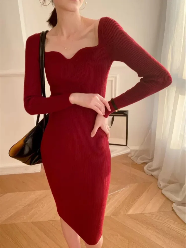 jinran Vintage Harajuku Slim Sweater Dress Women Autumn Winter Long Sleeve Bodycon Knitted Midi Dresses Party Evening Club Female
