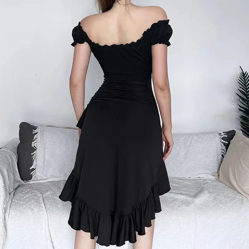 jinran Summer Black A-LINE Dress Women Streetwear Sexy Off Shoulder Short Sleeves Ruffled Mid Length Dresses Club Elegant Partywear