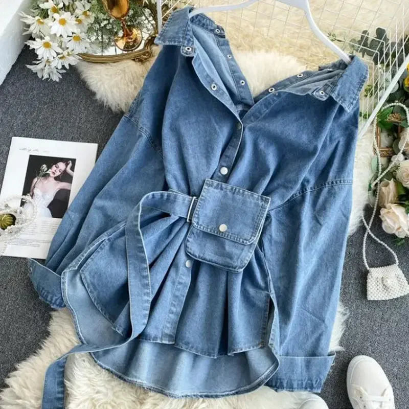 jinran Women's Denim Shirt Dress Straps Waist Thin Single-breasted Pockets Jacket Cowboy Blouses Belted Cardigan A-Line Dress Vestido