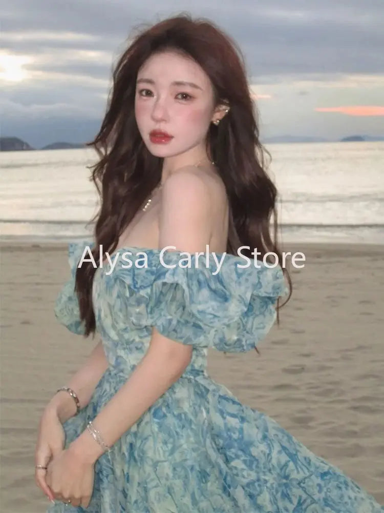 jinran 2024 Summer Vintage Fairy Floral Dress Women Casual Princess Long Split Dress Female Elegant Korean Evening Party Dress Ruffles