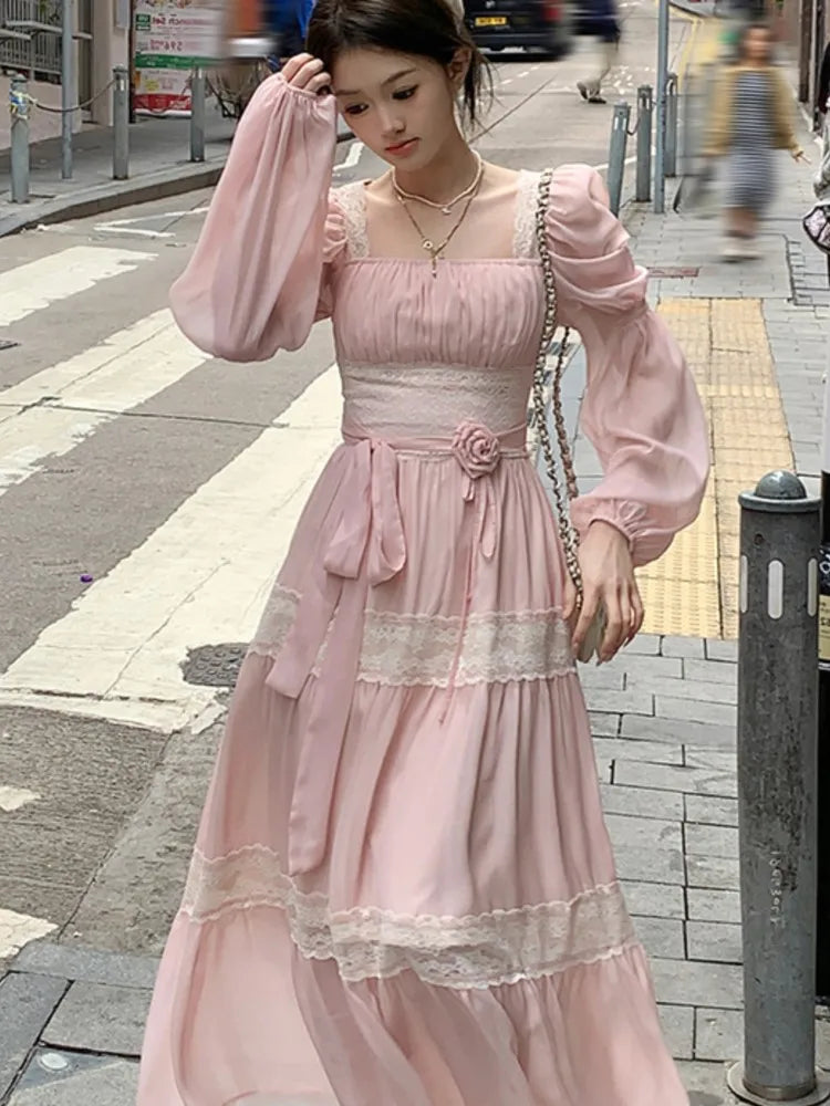 jinran Summer Chiffon Midi Dress Women Lace Y2K Lolita Fairycore Puff Sleeve High Waist French Vintage Evening Party Dresses Prom Robe