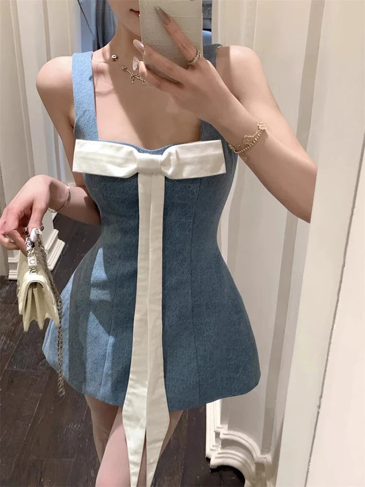 jinran Color Black Bowtie Mini Denim Dress for Women Summer Sleeveless A-line Square Neck One-piece Tank Dress Korean Clothes