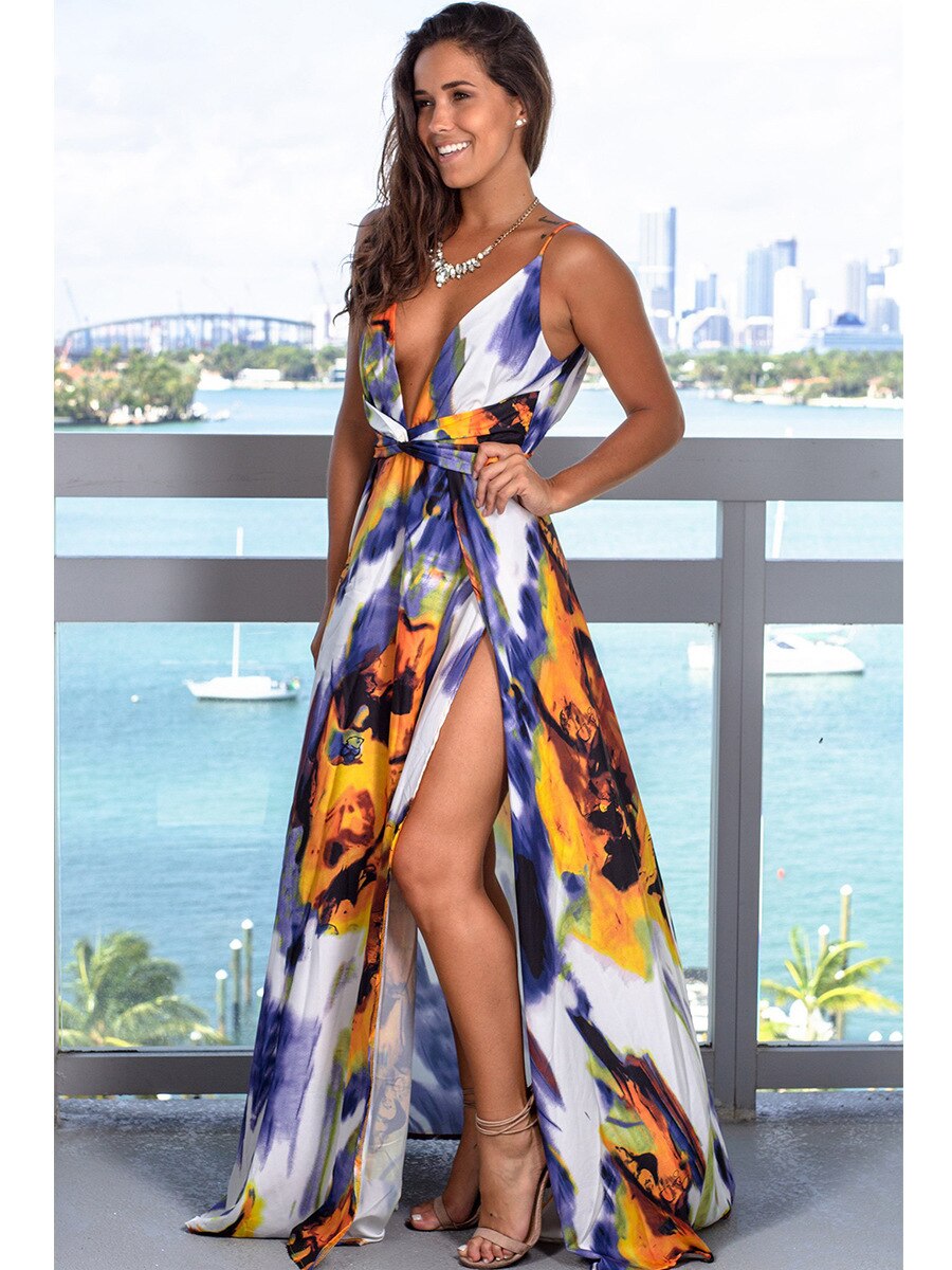 jinran Summer new women's fashion casual sleeveless halters V-neck leakback print beach slit dress