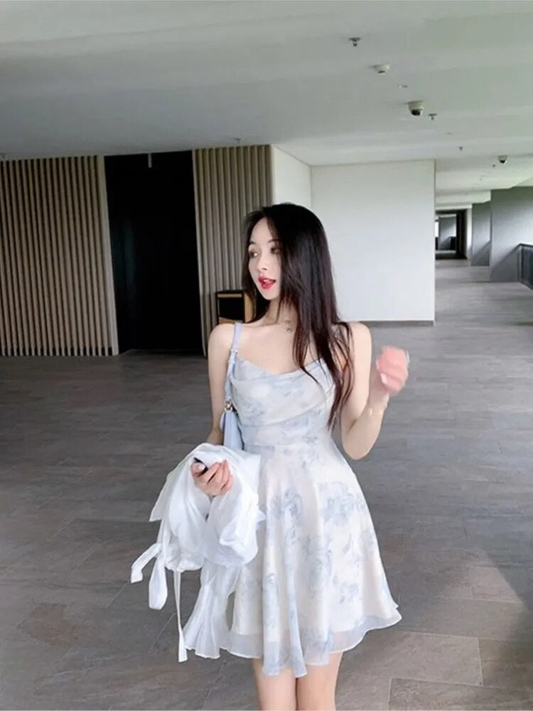 jinran - Summer Party Midi Elegant Dress Women Strap Sexy Design High Wasit Vintage Casual Dress Sleeveless Chiffon Sweet Dress