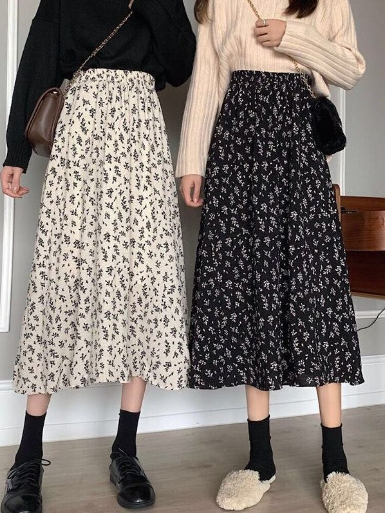 jinran - Vintage Floral Skirt Women High Waist A-line Mid-Calf Casual Skirt Korean Fashion Loose 2024 Spring Summer Female Outfit