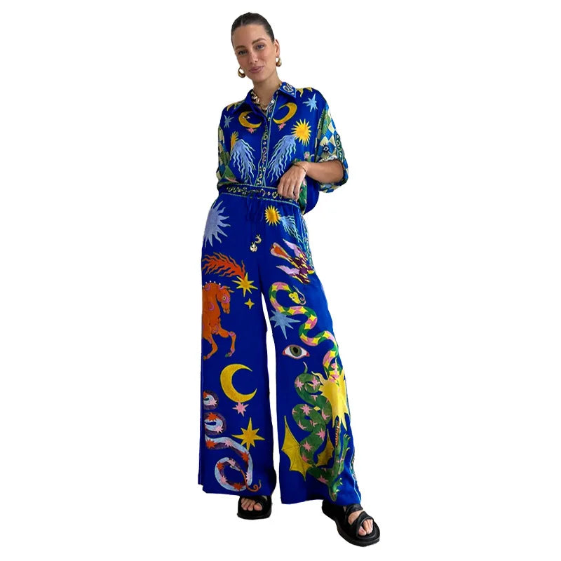 jinran Women Digital Printed Two-piece Set Chic Lapel Long Sleeved Top Loose Straight Leg Pants Suit 2024 Fashion Lady High Streetwear