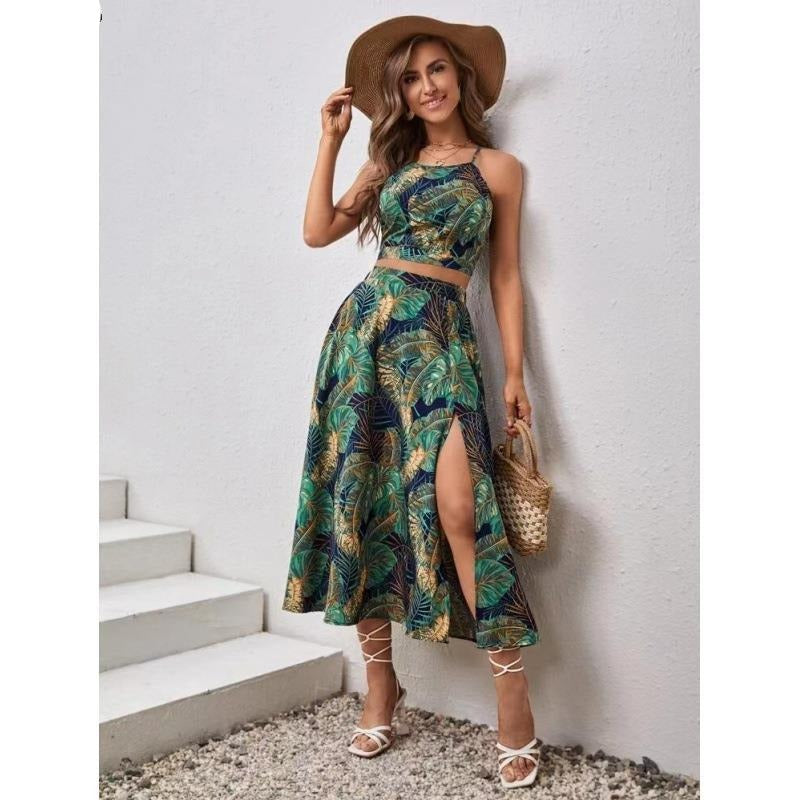 jinran Summer new women's fashion casual halter sleeveless vest print waist dress