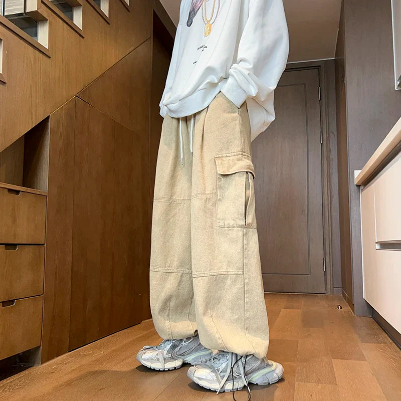Men's Patchwork Cargo Jeans Oversized Wide Leg Trousers Men Muti-pockets Hip Hop Streetwear 90s Vintage Fashion Tooling Pants