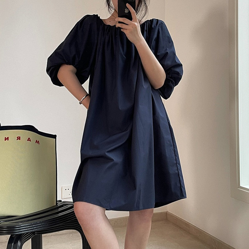 jinran Summer women's casual solid color puff sleeve loose dress