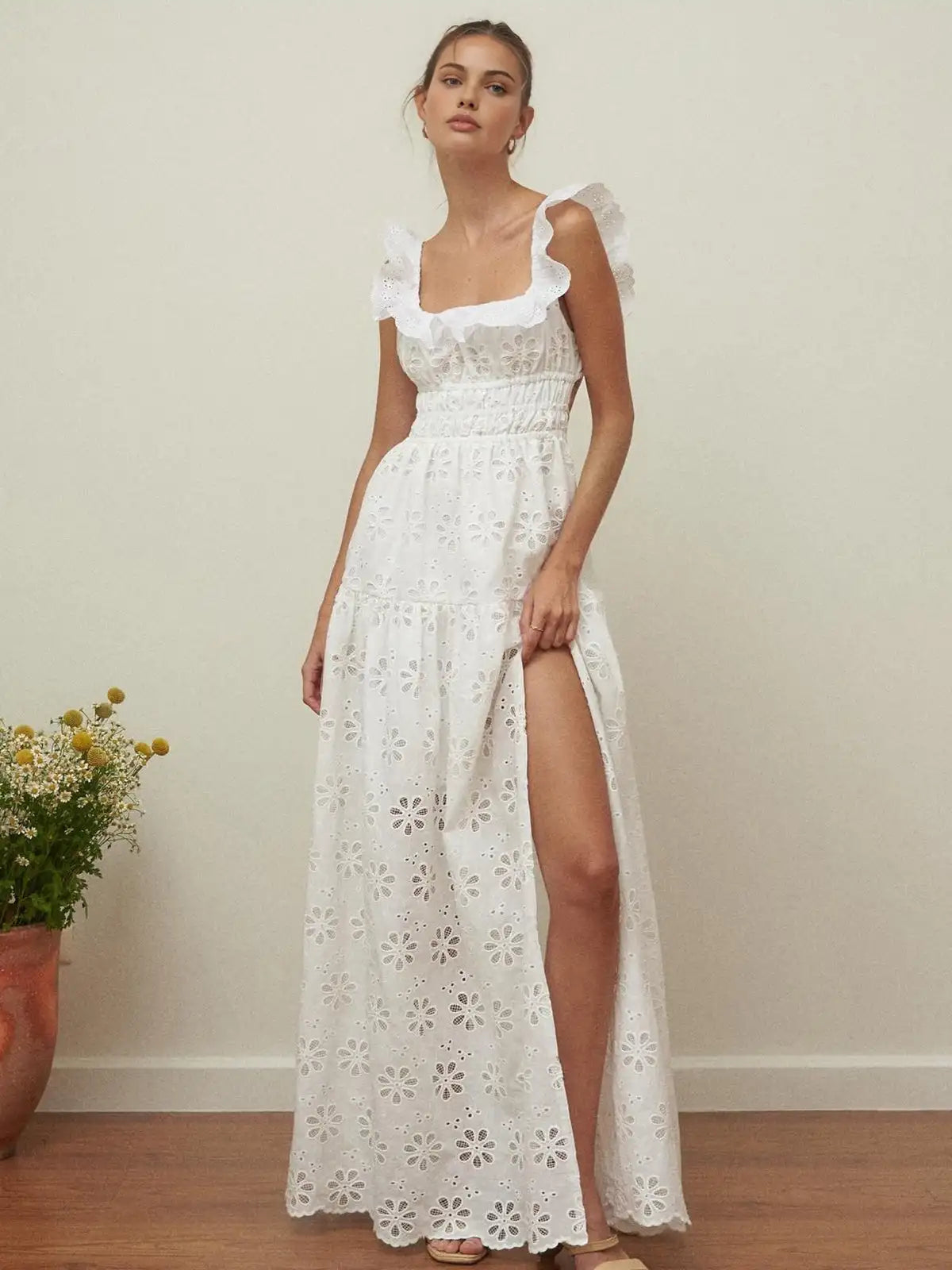 jinran 2024 White Dress Women Halter Cotton Long Dress Lace Elegant Party Outfits Ladies Sexy Club Clothes