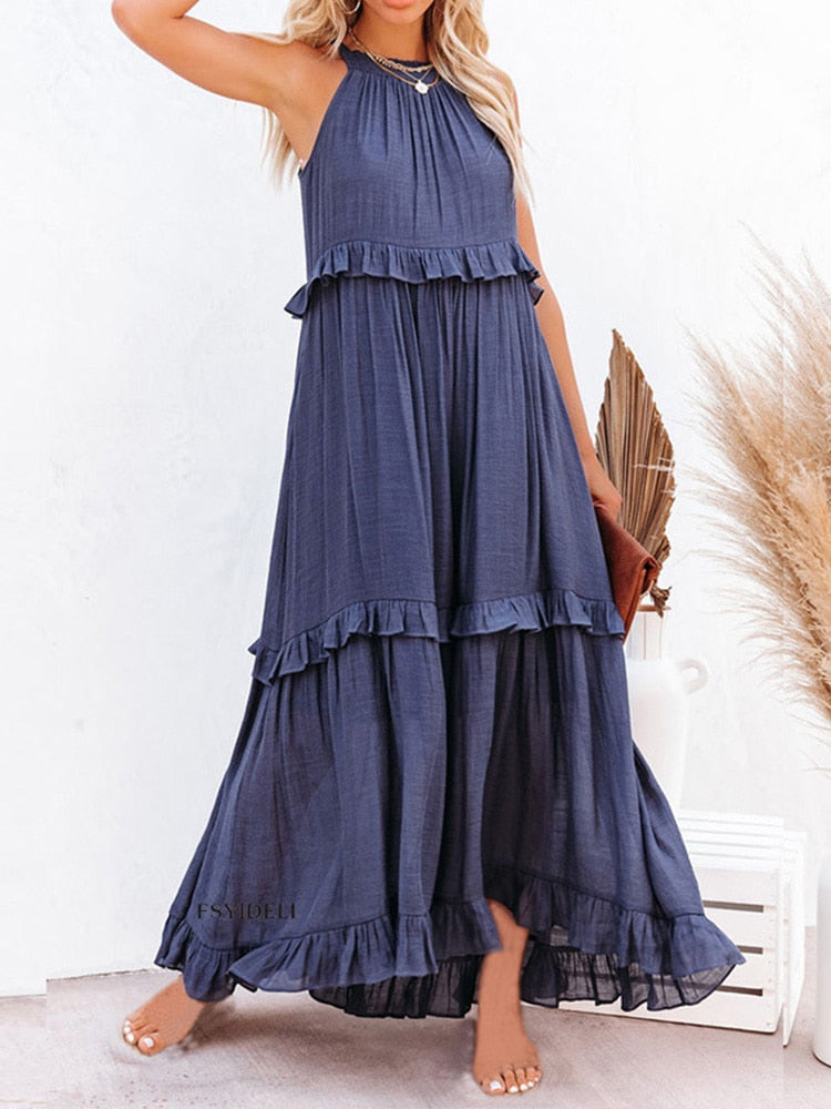 jinran Ruffles Navy Blue A-line Loose Casual Maxi Long Summer Women Dress Halter Sleeveless Robe Party Vestidos