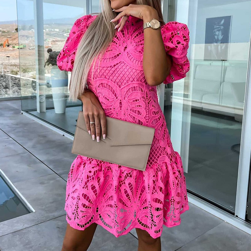 jinran Summer Loose Vintage Solid Color Lace Dress Fashion V-Neck Flare Sleeve Embroidery Dress Women New Hollow Out Pattern Mini Dress