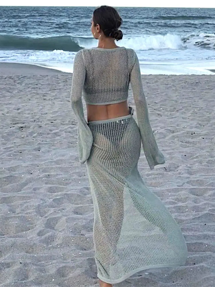 jinran Sexy Knit Cut Out Bell Sleeve Short Top Lace-up Beach Slit Leg Skirt Suit Summer Women Bikini Cover-ups Beachwear Set BeachCover