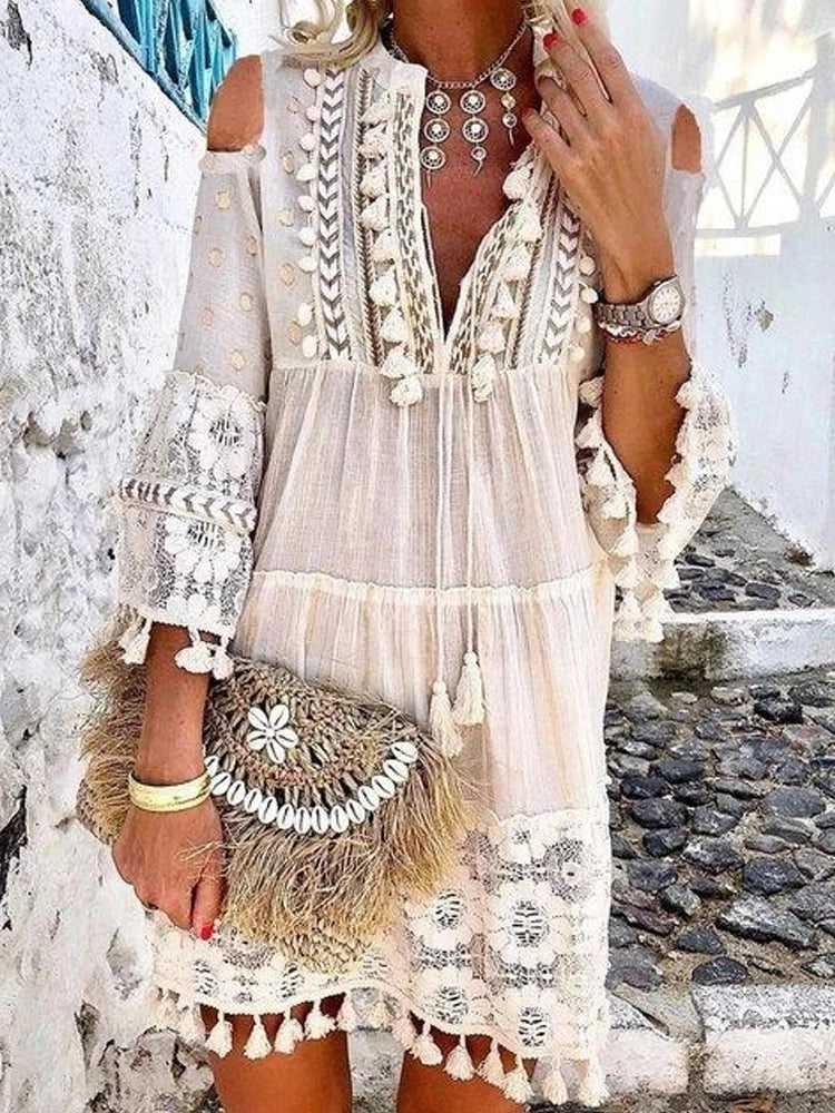 jinran New Spring Embroidery Crochet Lace Boho Dress Women Elegant Off Shoulder Tassel Ruffle Mini Dress Summer V Neck Lady Beach Dress