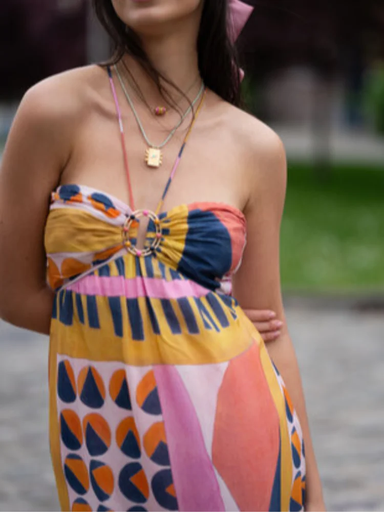 jinran Summer Printed Halter Long Dress Women Sleeveless Backless Lace Up Empire Female Dresses 2024 Holiday Lady Fashion Robes