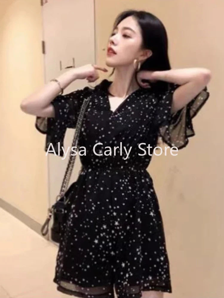 jinran Korean Elegant Chiffon Mini Dress Women Sexy V-neck Floral Fairy Dress Female 2024 Summer Fashion Casual Evening Party Dress Y2k