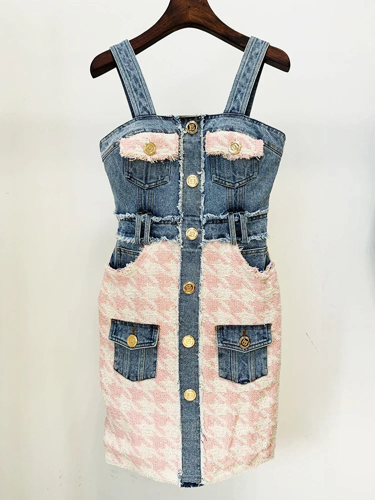 jinran HIGH STREET Newest 2024 Designer Fashion Women Spaghetti Strap Denim Tweed Houndstooth Pachwork Fringed Dress