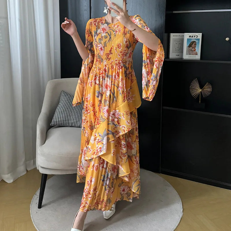 jinran 2024 Summer New Women's Printed Irregular Hem Splicing Dress Bohemian Style Fashion Holiday Leisure Pleated Dress