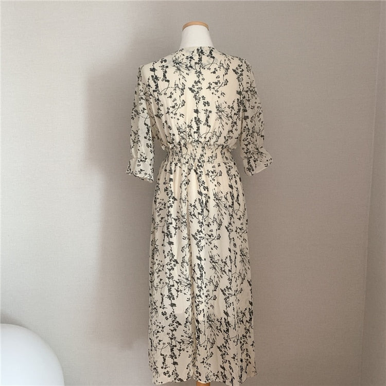 jinran Vintage Korea Fashion Clothing Summer Slim Elastic Waist A Line V Neck Elegant Office Lady Floral Chic Chiffon Long Dress Retro