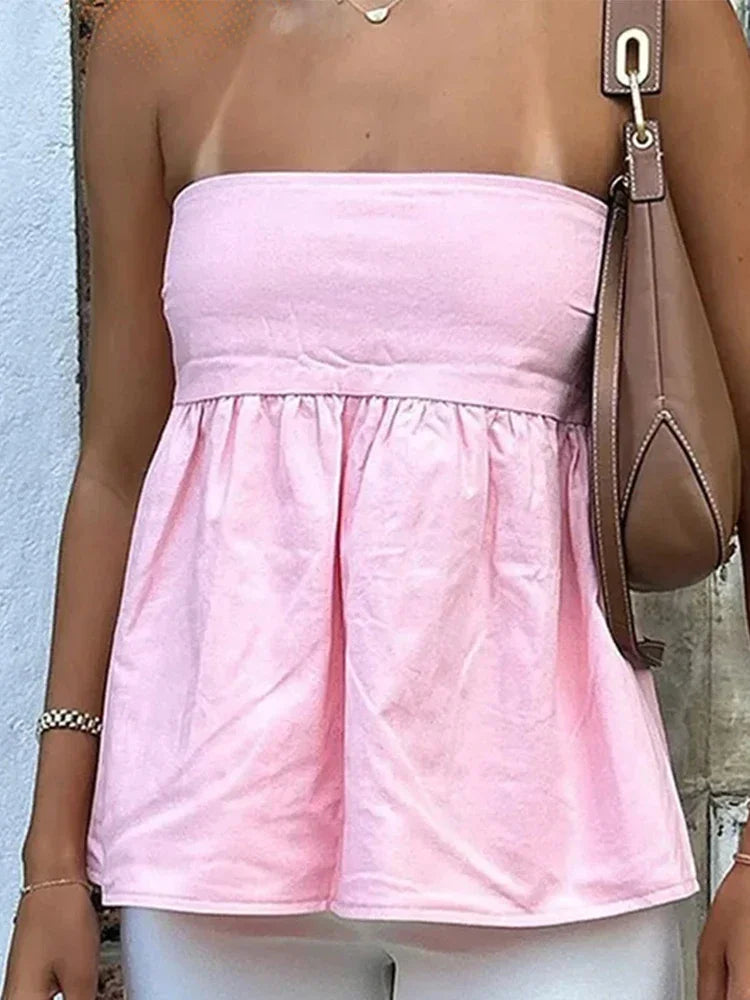 jinran Y2K Strapless Women Tube Shirts Backless A Line Solid Lady Ruffles Top 2024 Summer Fashion All Match Beach Female Streetwear