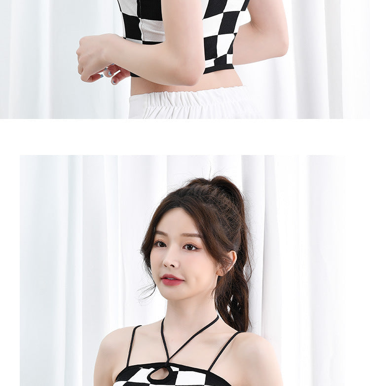 jinran Retro Checkerboard Crop Top Women Y2K Gyaru Sexy Halter Top Summer Fashion Fixed Cup Camisole Smooth Breathable Tank Top